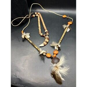 Artisan Necklace Mens Wood Feathers Nut Seeds Claw Stones Handmade Double Strand